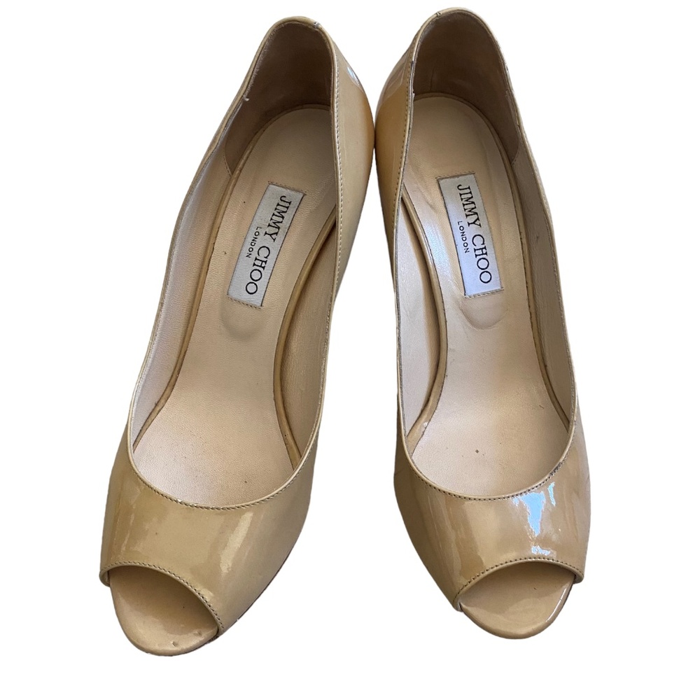 Jimmy Choo Nude peep toe wedge pumps 39.5 9.5 3" heel